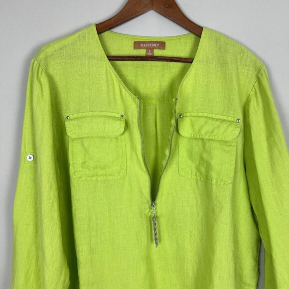 Ellen Tracy Top Womens Large Green 100% Linen 3/4 Roll Tab Short Sleeve Shirt L - Picture 7 of 11